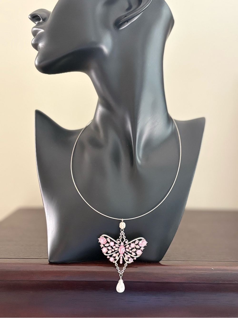 Express Elegant Butterfly Pendant Necklace - Pink Crystal Accent